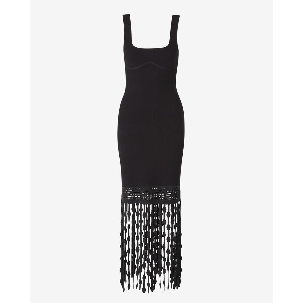 SIMKHAI Signa Lattice Fringe Midi Knit Tank Dress in Black NWT Size S